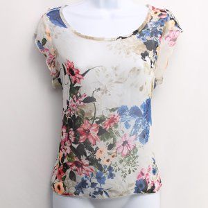 Poetry Sheer Ruffle Sleeve Open Back Shirt Women's Size Small Colorful Floral
